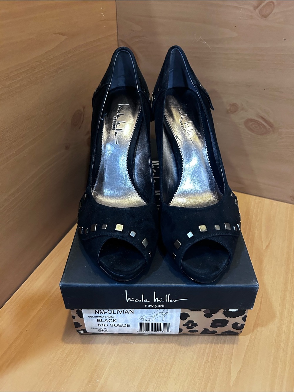 Nicole Miller Black Kid Suede Peep-Toe Heels with Stud Accents